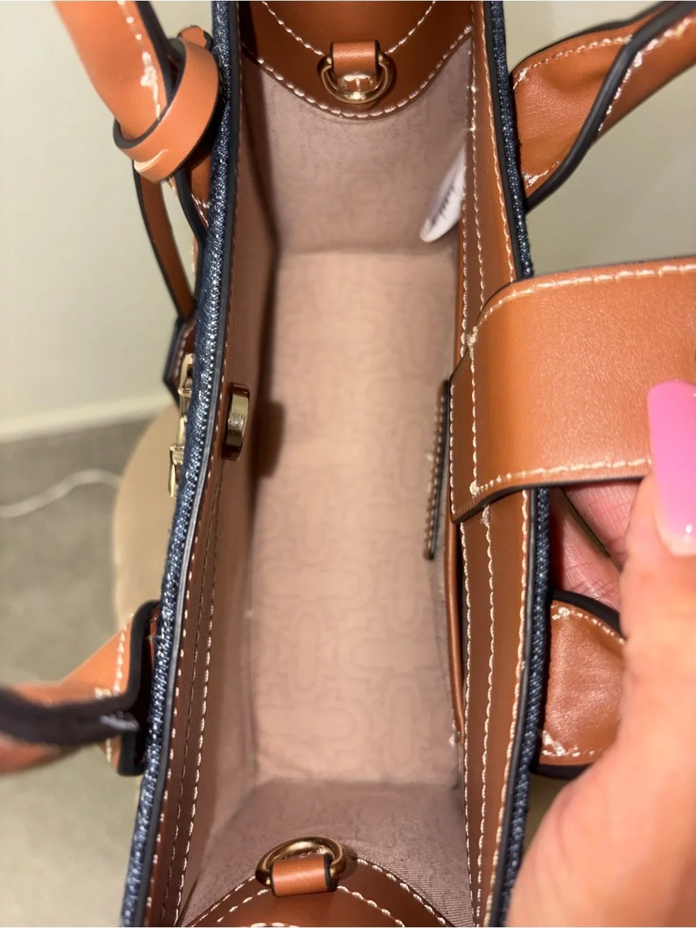 True Religion Denim & Tan Leather Top-Handle/Crossbody Tote